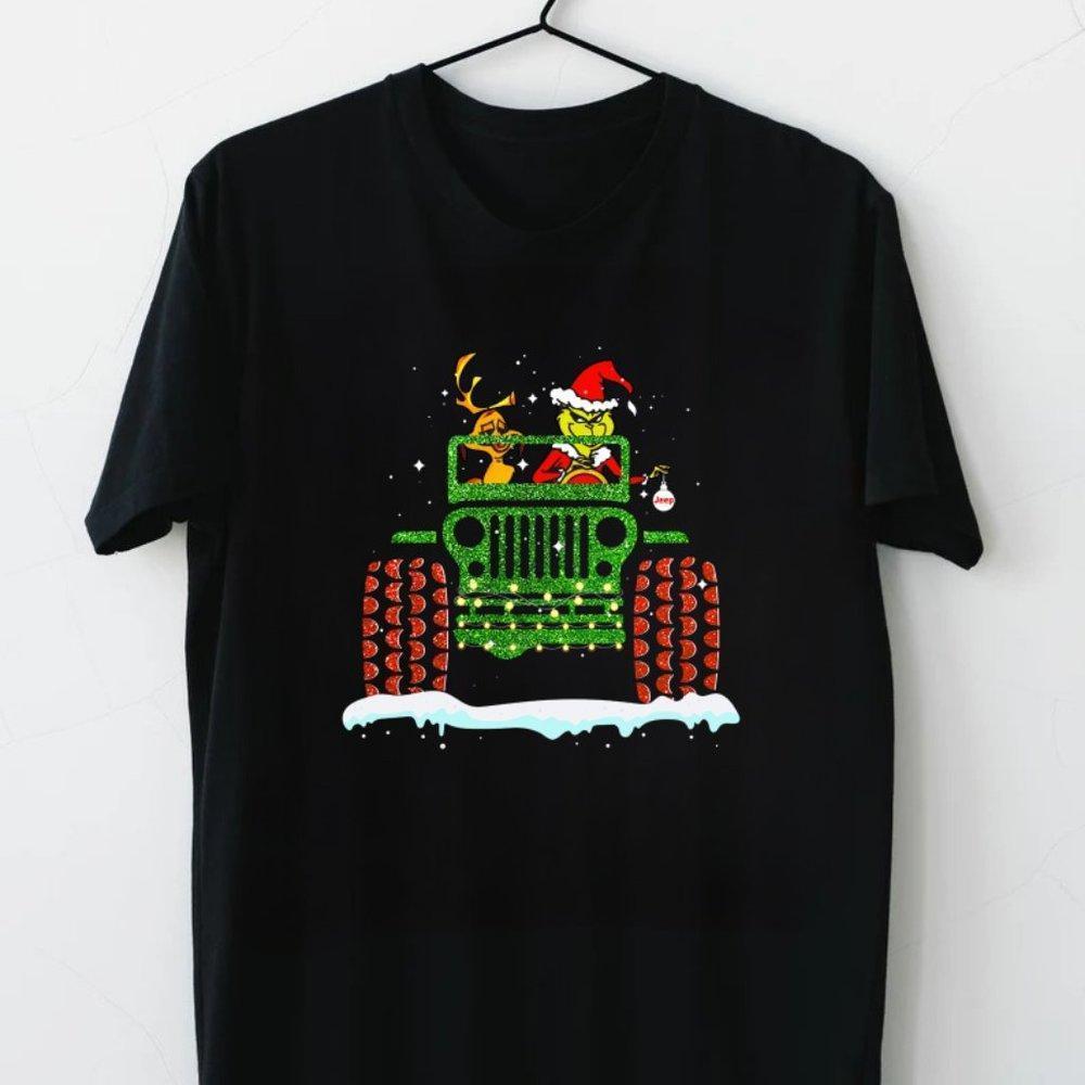 Grinch Deer Drive Jeep Christmas Black Cotton Shirt, Unisex Crewneck Shirt